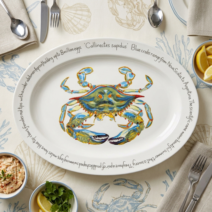 Blue Crab 39cm (15.4") Oval Plate styled on the table