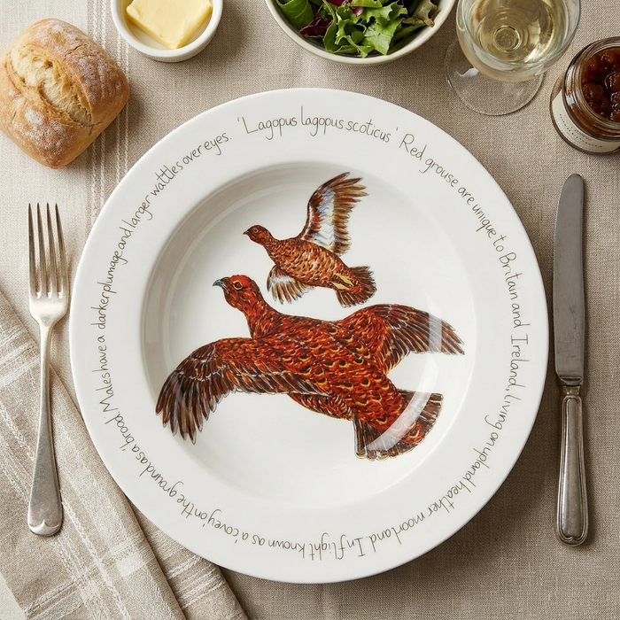 Red Grouse 30cm Deep Rimmed Plate styled on the table