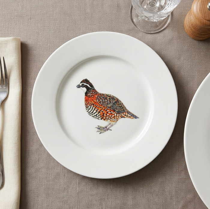 Richard Bramble | Bobwhite Quail 19cm Flat Rimmed Plate styled on the table