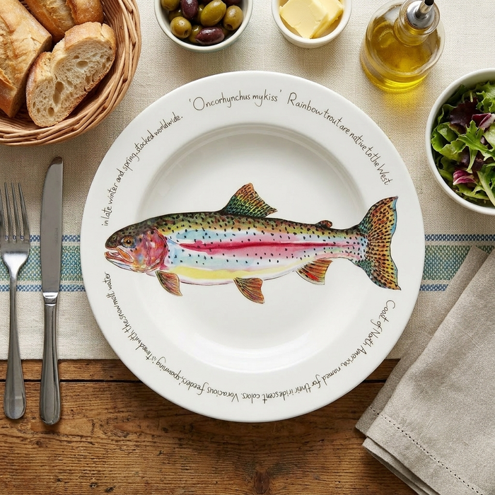 Rainbow Trout 30cm Deep Rimmed Plate styled on the table