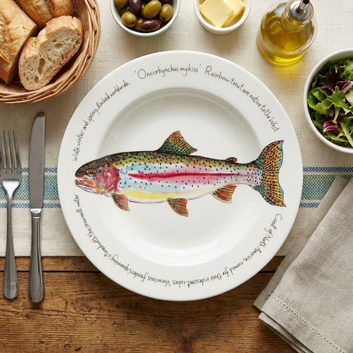 Rainbow trout 30cm deep rimmed plate lifestyle