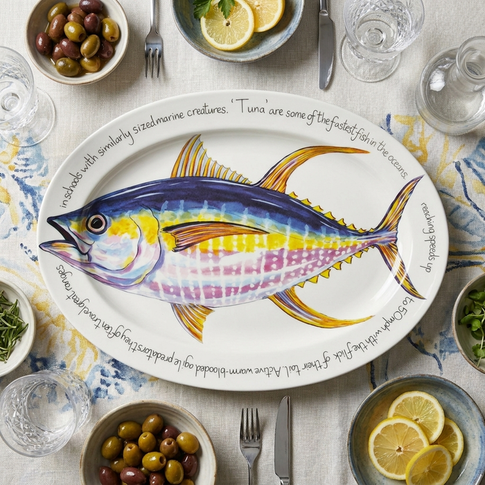 Yellowfin Tuna 39cm (15.4") Oval Plate styled on the table