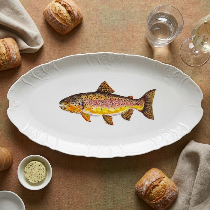 Brown Trout 65cm (25.5") Large Oval Plate (limited edition) styled on the table