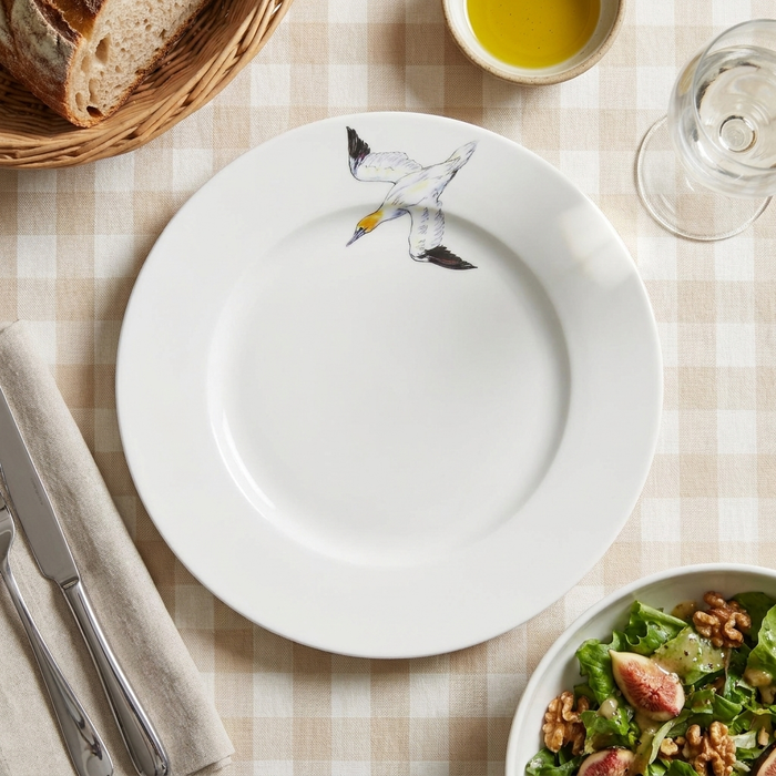 Gannet Diving 26cm Flat Rimmed Plate styled on the table