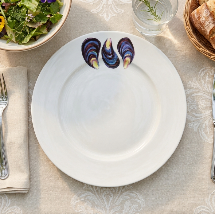 Mussels 26cm Flat Rimmed Plate styled on the table