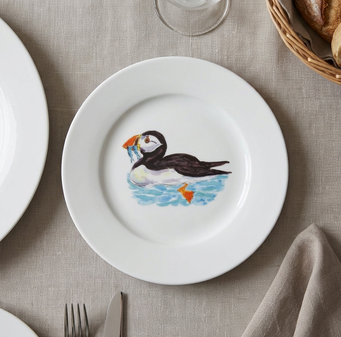 Puffin Swimming 19cm Flat Rimmed Plate styled on the table