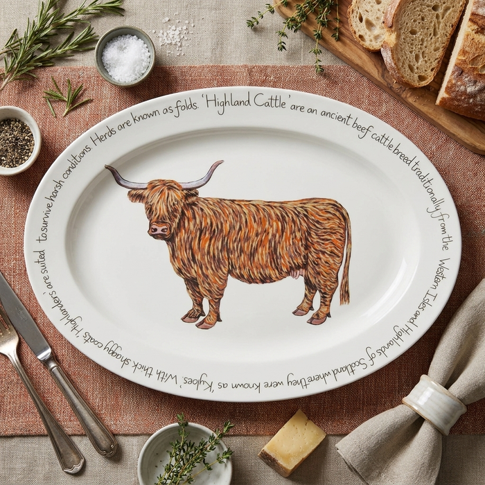 Highland Cow 39cm (15.4") Oval Plate styled on the table
