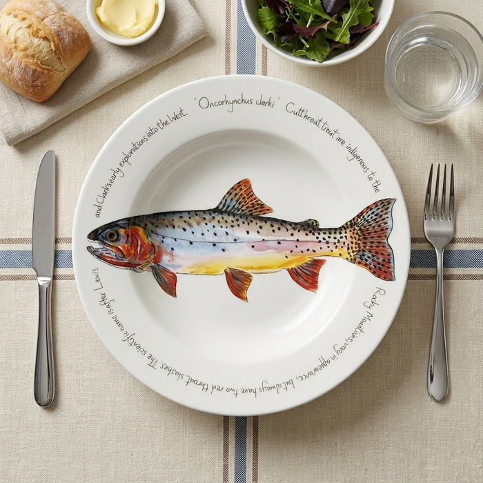 Cutthroat Trout 30cm Deep Rimmed Plate styled on the table