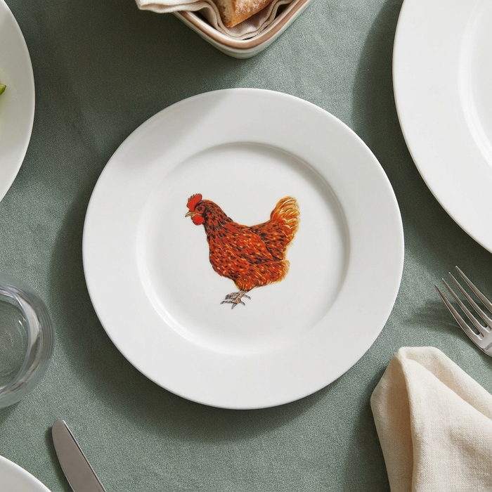 Hen 19cm Flat Rimmed Plate styled on the table