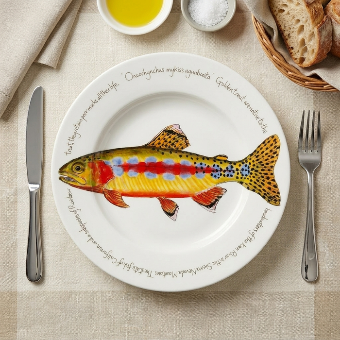 Golden Trout 30cm Deep Rimmed Plate styled on the table
