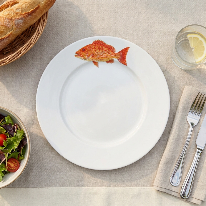 Red Snapper 26cm Flat Rimmed Plate styled on the table