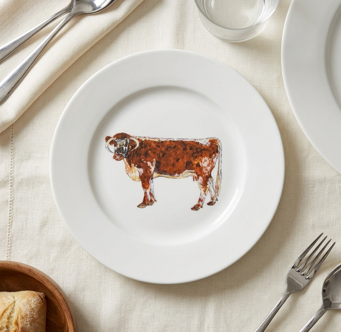 Longhorn Cow 19cm Flat Rimmed Plate styled on the table