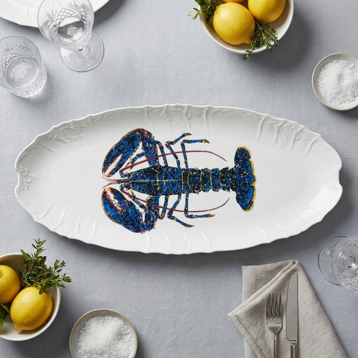 Blue Lobster 65cm (25.5") Large Oval Plate (limited edition) styled on the table
