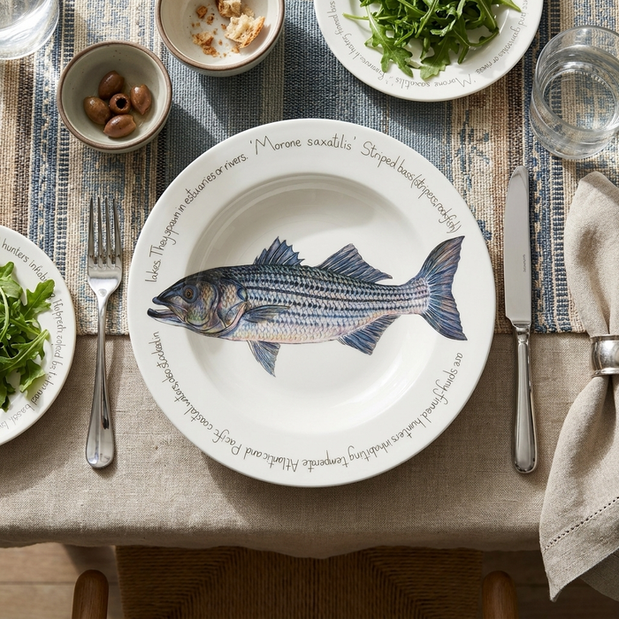 Striped Bass 30cm Deep Rimmed Plate styled on the table