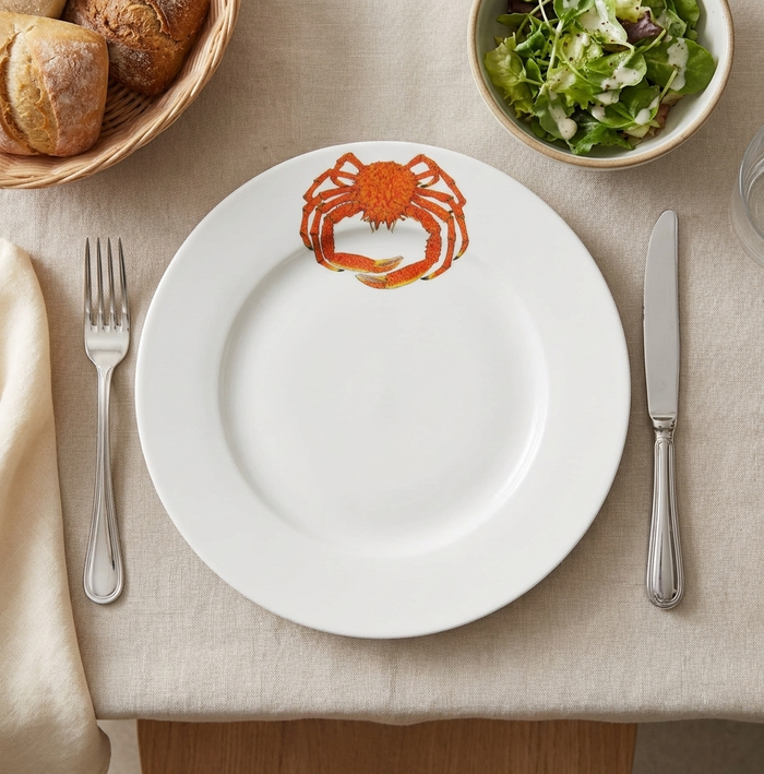 Spider Crab 26cm Flat Rimmed Plate styled on the table