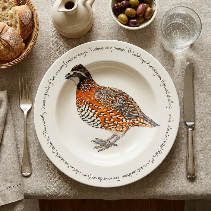 Bobwhite Quail 30cm Deep Rimmed Plate styled on the table