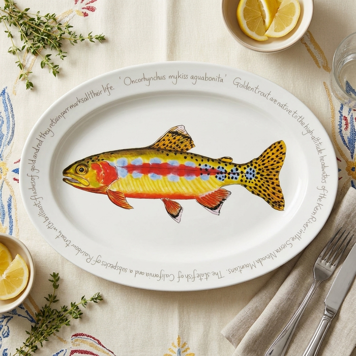 Golden Trout 39cm (15.4") Oval Plate styled on the table