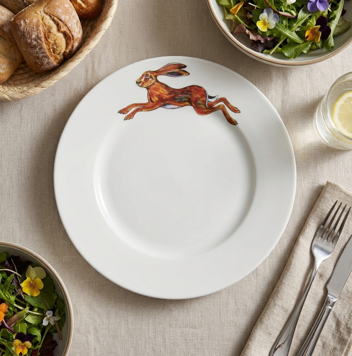 Hare Leaping 26cm Flat Rimmed Plate styled on the table