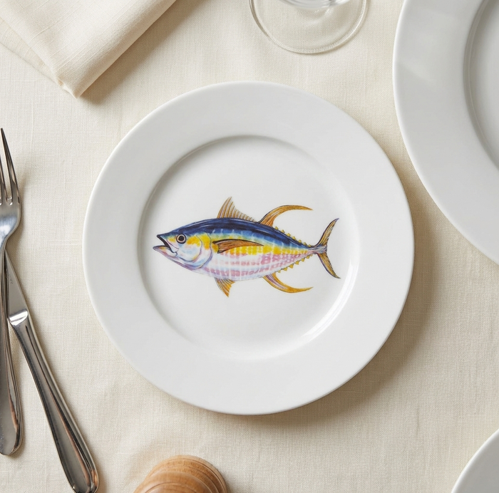 Yellowfin Tuna 19cm Flat Rimmed Plate styled on the table