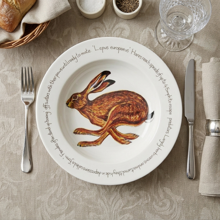 Hare Running 30cm Deep Rimmed Plate styled on the table