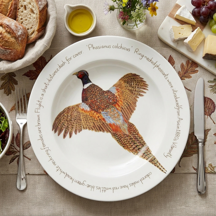 Ring-necked Pheasant 30cm Deep Rimmed Plate styled on the table