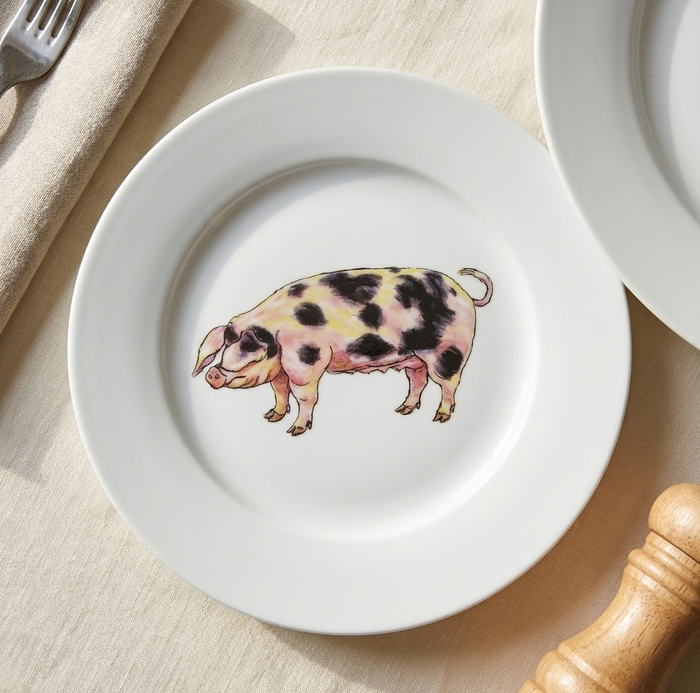 Gloucestershire Old Spot Pig 19cm Flat Rimmed Plate styled on the table