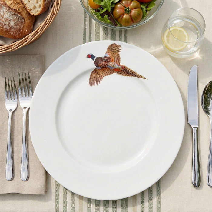 Ring-necked Pheasant 26cm Flat Rimmed Plate styled on the table