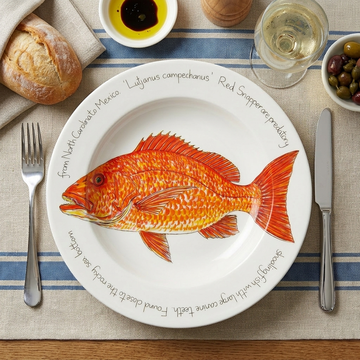 Red Snapper 30cm Deep Rimmed Plate styled on the table
