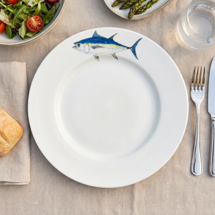Bluefin Tuna 26cm Flat Rimmed Plate styled on the table