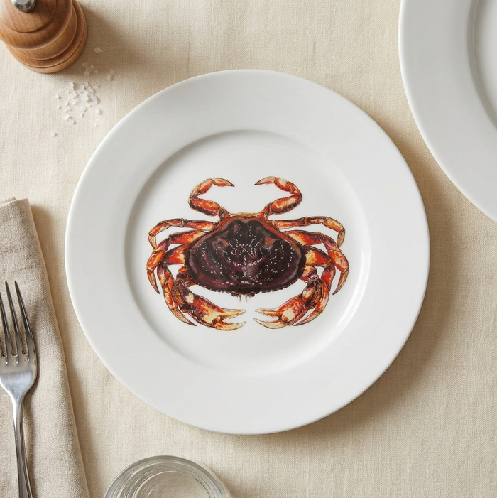 Dungeness Crab 19cm Flat Rimmed Plate styled on the table