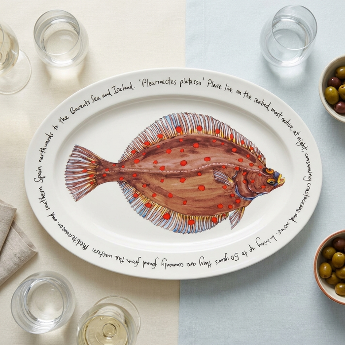 Plaice 39cm (15.4") oval plate with TEXT styled on the table