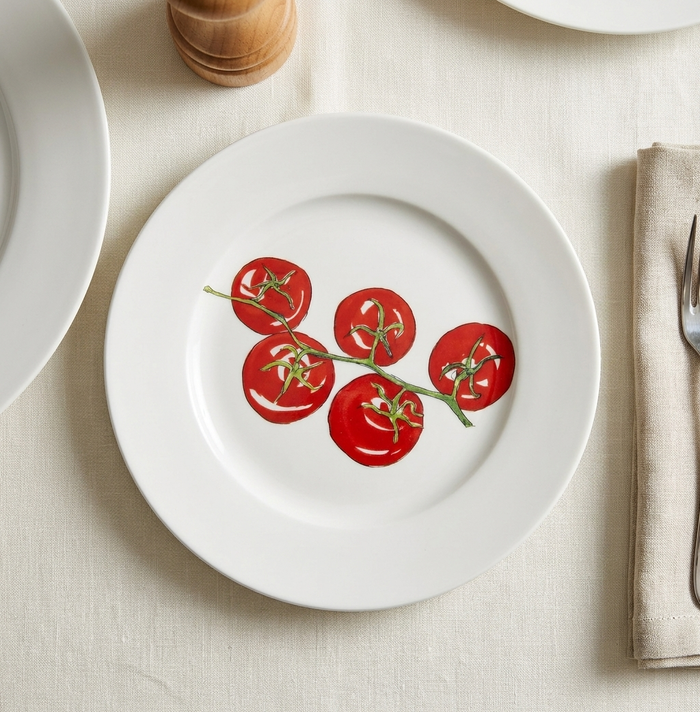 Tomatoes 19cm Flat Rimmed Plate styled on the table