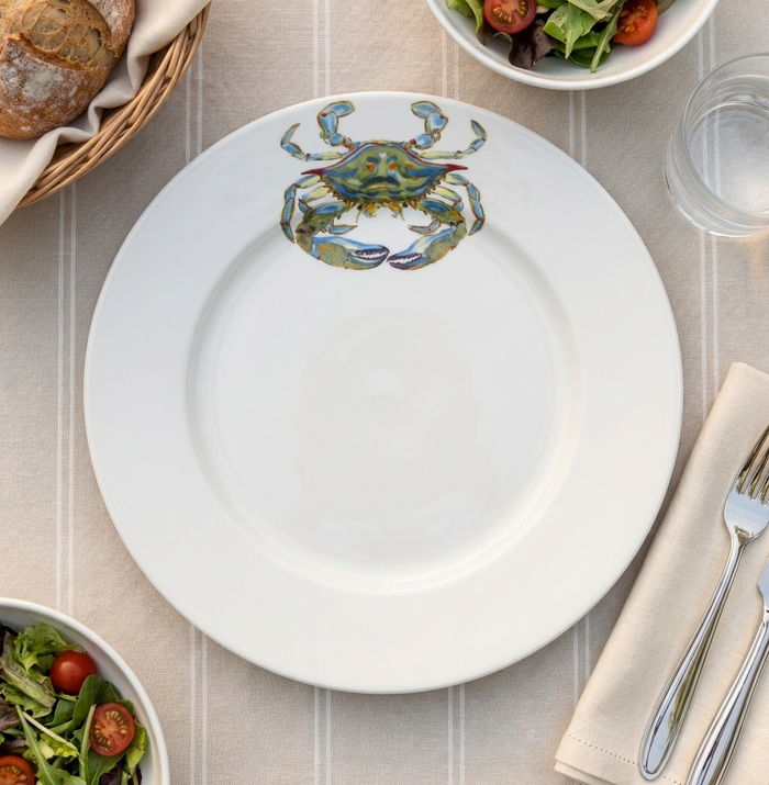 Blue Crab 26cm Flat Rimmed Plate styled on the table