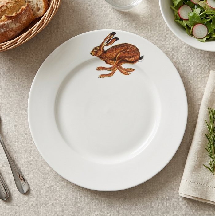 Hare Running 26cm Flat Rimmed Plate styled on the table