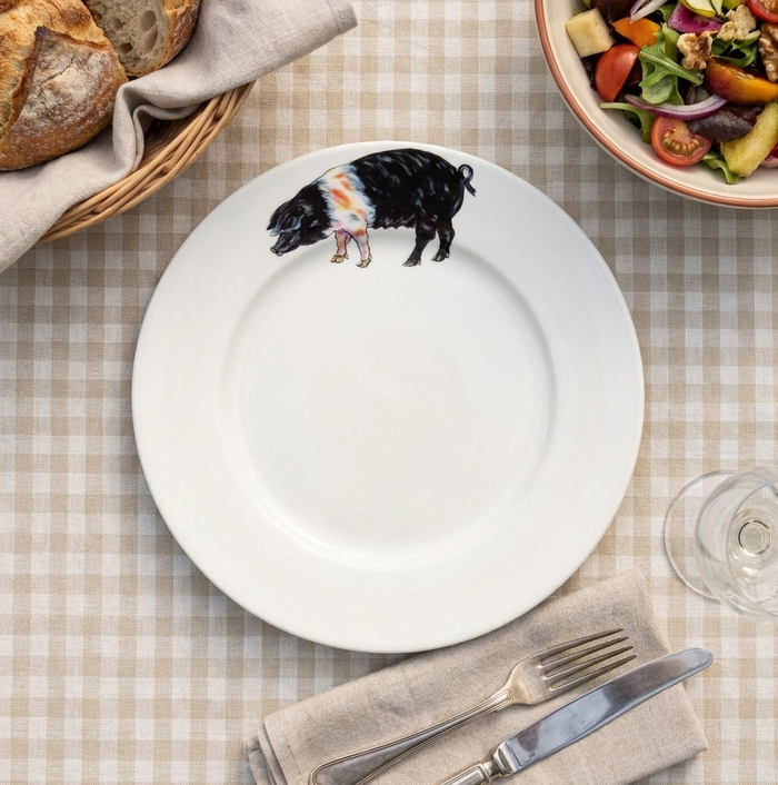 Saddleback Pig 26cm Flat Rimmed Plate styled on the table
