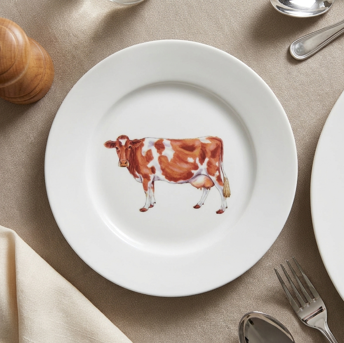 Guernsey Cow 19cm Flat Rimmed Plate styled on the table