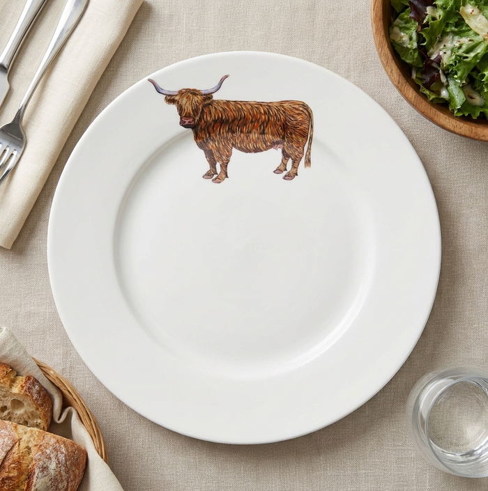Highland Cow 26cm Flat Rimmed Plate styled on the table