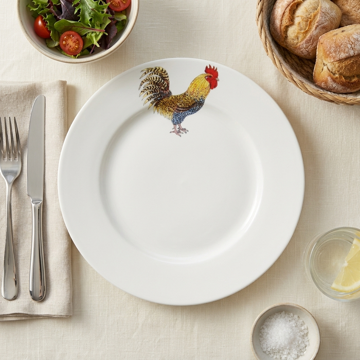 Cockerel or Rooseter 26cm Flat Rimmed Plate styled on the table