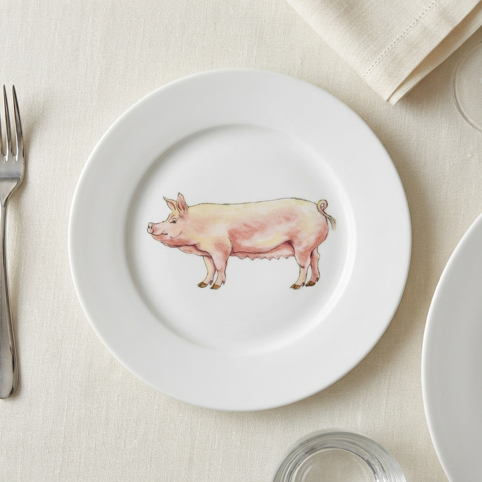 Large White Pig 19cm Flat Rimmed Plate styled on the table