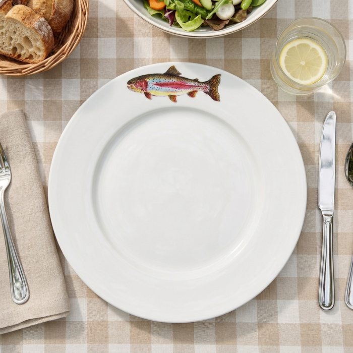 Rainbow Trout 26cm Flat Rimmed Plate styled on the table