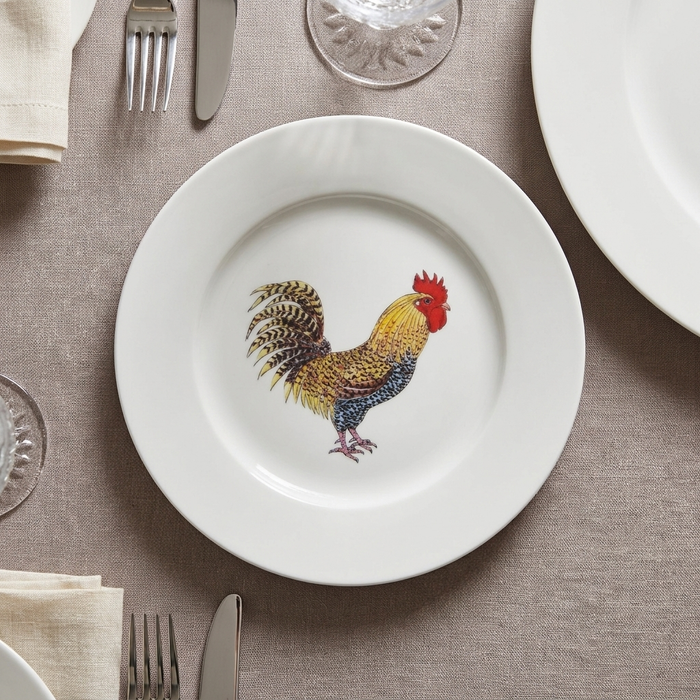 Cockerel & Rooster 19cm Flat Rimmed Plate styled on the table