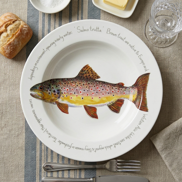 Brown Trout 30cm Deep Rimmed Plate styled on the table
