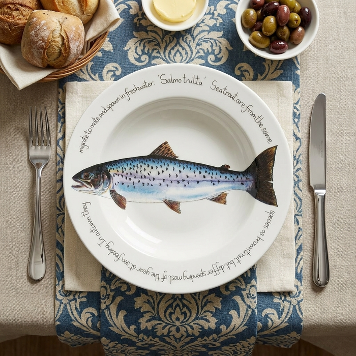 Sea Trout 30cm Deep Rimmed Plate styled on the table