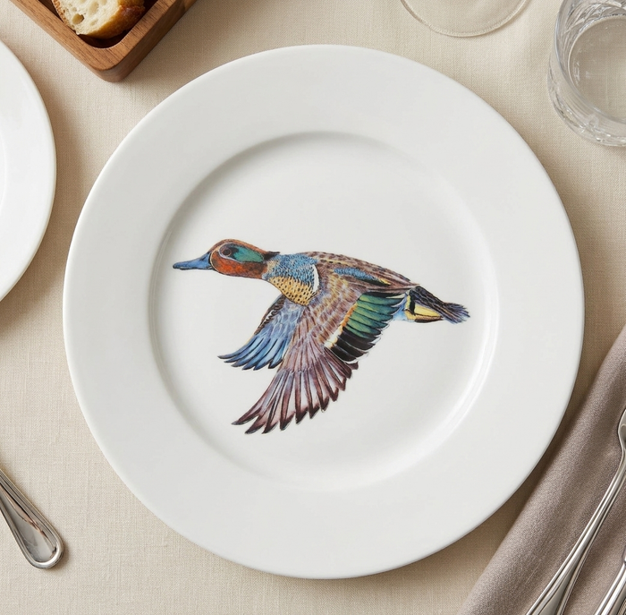Green-winged Teal 19cm Flat Rimmed Plate styled on the table