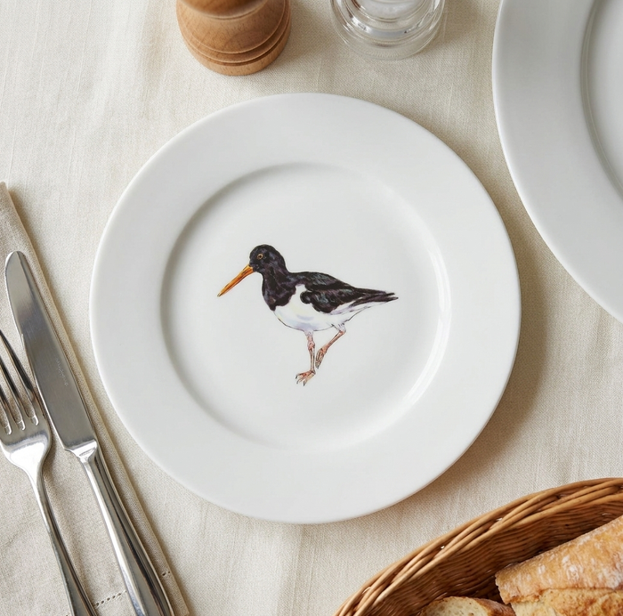 Oystercatcher Standing 19cm Flat Rimmed Plate styled on the table