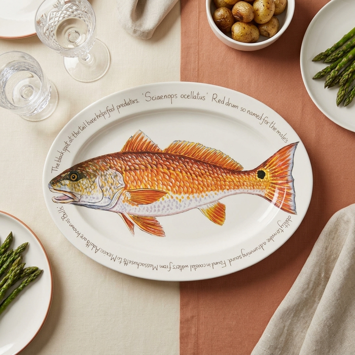 Red Drum 39cm (15.4") Oval Plate styled on the table