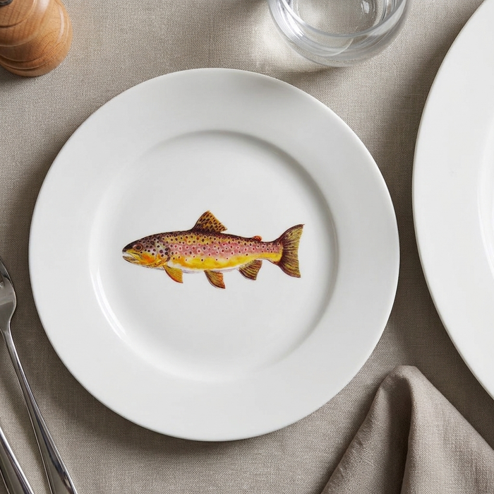 Richard Bramble | Brown Trout 19cm Flat Rimmed Plate styled on the table