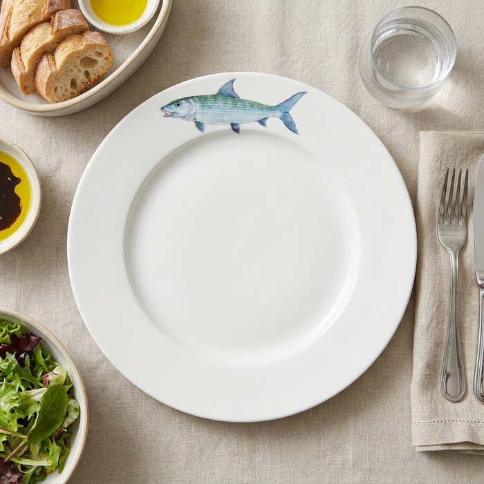 Bonefish 26cm Flat Rimmed Plate styled on the table