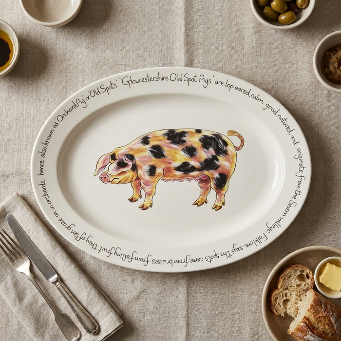 Gloucestershire Old Spot Pig 39cm (15.4") Oval Plate styled on the table