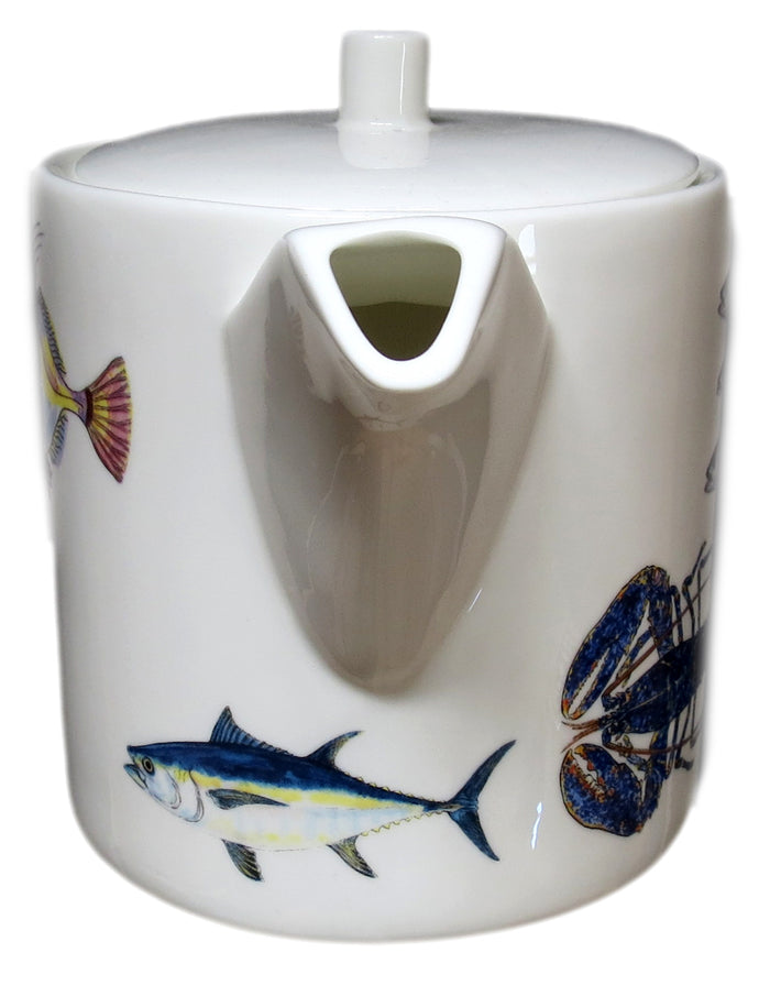 Fish & Shellfish Tuna Teapot Straight sided styled on the table
